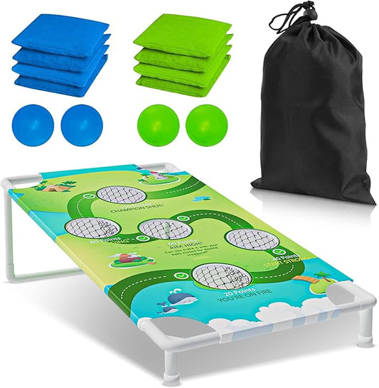 2-in-1 Cornhole Boards Set with Bean Bags & Toss Balls – Regulation Size Outdoor Game for Adults & Kids – Portable Backyard, Beach & Tailgate Lawn Game – Green & Blue Bean Bags Included