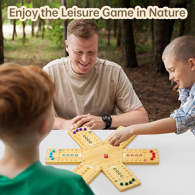 Wooden Marble Board Game for 2-6 Players, Portable Fast Track Board Game with 24 Marbles and 6 Dice for Family Friends, Party Game Night