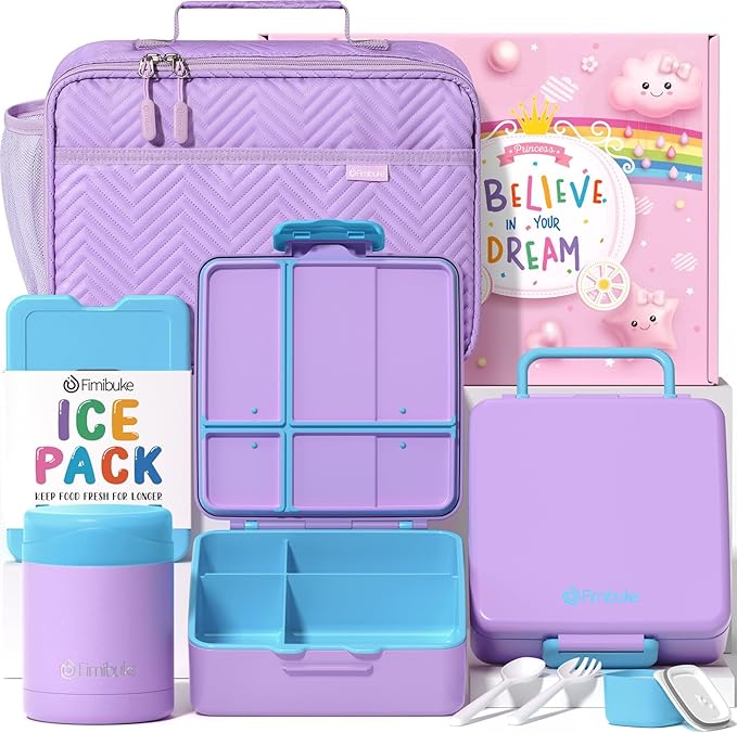 Fimibuke Kids Bento Snack Lunch Box with 4 Compartment, Insulated Bag, Stainless Steel Vacuum Thermos Food Jar, Ice Pack, Utensils Set, Birthday Gift for Age 3-12 Back to School Toddler Girl Boy Adult