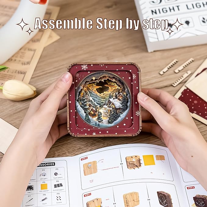 3D Puzzle Nightlight-DIY LED Light Winter Night Wooden Puzzle-Art Lamp and Craft Kits for Kids and Adults-Birthday Gifts Toys-Home Desk Decor Family Game