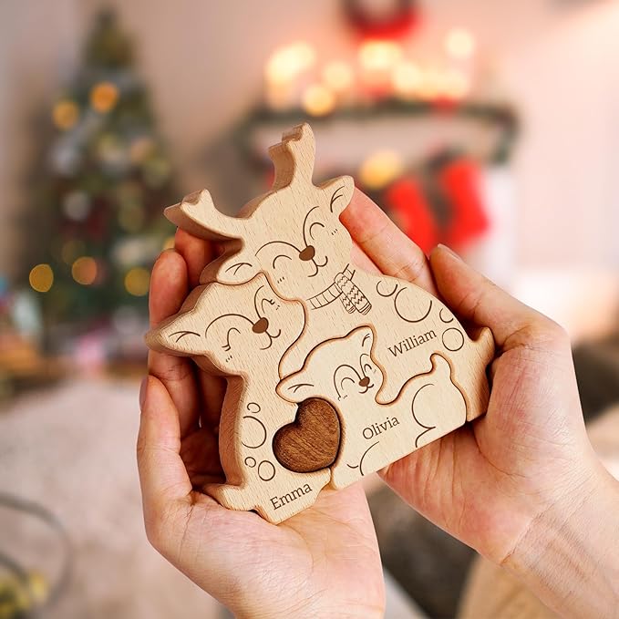 Wooden Elk Family Puzzle, Personalized Puzzles with 2-5 Names, Birthday Christmas Personalized Gifts for Kids Teen Boys Girls Mom Dad Grandma Toddler, Christmas Thanksgiving Decor Gifts