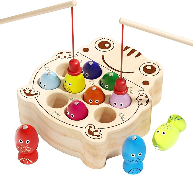 Wooden Magnetic Fishing Game for Toddlers 1-3, Montessori Sensory Busy Board Fine Motor Skills Toys for 1 2 3 Years Old Boys Girls (Frog B-Fish Game)