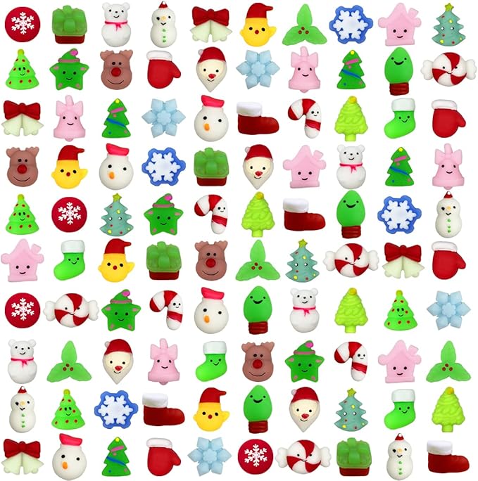 Anditoy 100 PCS Christmas Mochi Squishy Toys Squishies Christmas Toys for Kids Girls Boys Toddlers Christmas Party Favors Stocking Stuffers Gifts