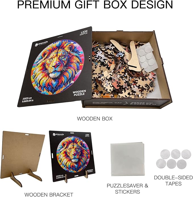 Wooden Puzzle for Adults – Unique Lion-Shaped Jigsaw, Animal Style Brain Teaser for Kids & Teens, 220 Pieces, 10"x10", Ships as Whole Puzzle Board (No Loose Pieces), Gift-Ready Box, Fun Family Game