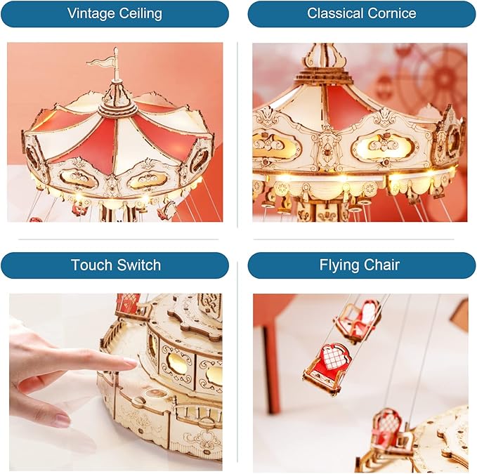 ROKR 3D Puzzles Wooden Music Box Kit with LED, Rotating Swing Ride Mechanical Model Kit DIY Wood Craft Hobbies Kit for Adults Birthday for Adults