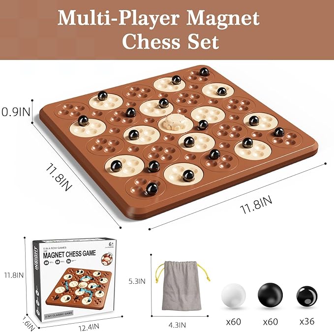 Magnetic Game Chess, Magnet Game, Magnetic Board Game for Kids Adults Family Games Night, 2 in 1 Multiplayer Magnet Chess Toy with 36 Stones & Connect-5-Piece Games, Magnet Chess Set Gift(Brown)