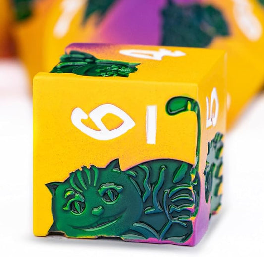 Metal DND Cat Dice 7PCS Polyhedral RPG Dice Set with Gift Case for Dungeons Dragons Role Playing Game, D and D Dice D6 D8 D10 D12 D20 D% (Yellow Green)