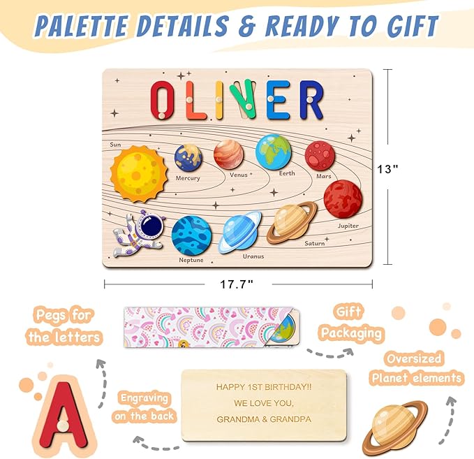 Personalized Name Puzzle for Kids, Custom Baby Gifts for Toddler 1-3, Customized 1st Birthday for Girls & Boys Wooden Planet Puzzle Montessor Toys for Kids