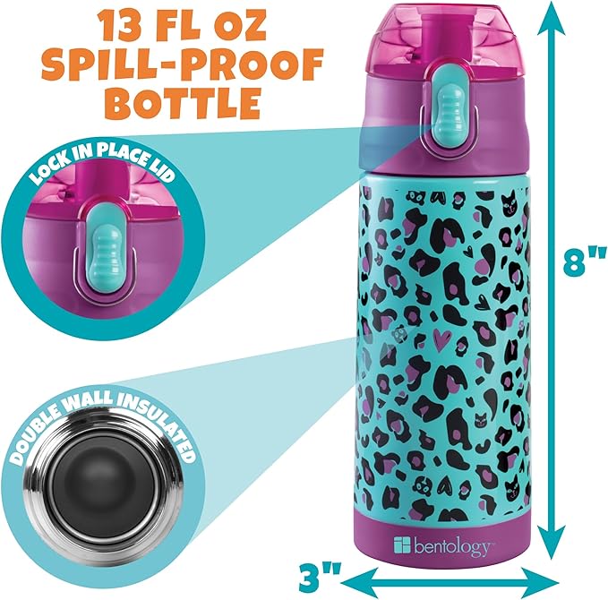 Bentology Kids Lunch Bag Set w Matching Reusable Water Bottle & Hard Ice Pack- Blue Purple Cheetah Cat- Insulated Tote, Stainless Steel Insulated Thermos, Hard Ice Pack- Back to School Lunchbox Kits