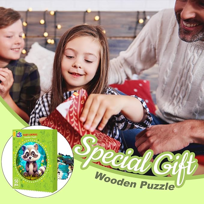Christmas Birthday Gifts for Kids Girls Boys, Wooden Jigsaw Puzzles for Kids Ages 4-6, 50 Piece Unique Shape Animal Theme Puzzle - Preschool Learning Educational Toys for Kid 3+ (Raccoon)