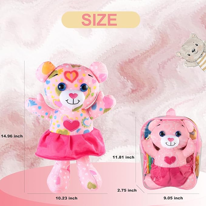Coloring Plush Toy with 5 Washable Markers for Little Girls Doodle Dolls for Kids Ages 4-6 Birthday (Pink Bear)