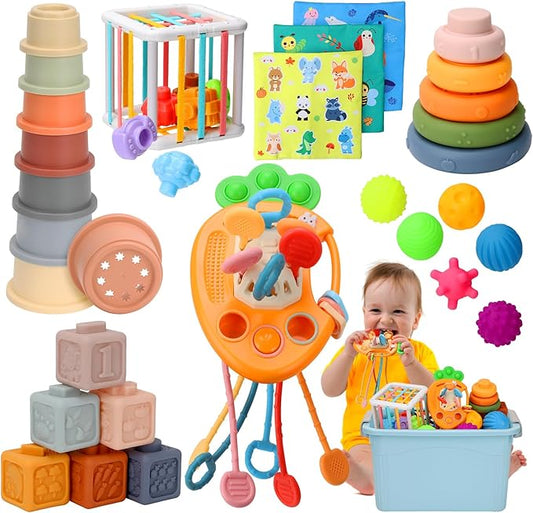 Baby Toys 6 to12 Months, 7 in-1 Montessori Toy for 6-9-12-18 Month Old with Pull String Toy, Sensory Bin Toys, Stacking Baby Blocks & Soft Infant Ring & Sensory Ball, Stacking Cups for Toddler Gift