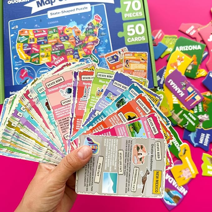 QUOKKA United States Puzzles for Kids Ages 4-6 - 70 Pcs Floor Puzzles for Kids Ages 6-8 Preschool Activities - Includes 50 Cards with 400+ USA Facts- State-Shaped Jigsaw Puzzle Gift for Girls Boys