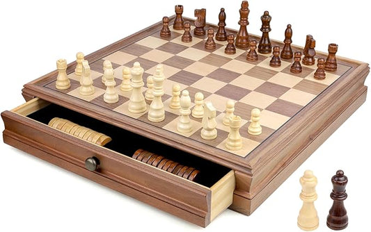 REEIVER 15" Wooden Chess Sets with Built-in Storage Drawer, 2 in 1 Chess& Checkers Board Games for Adults and Kids
