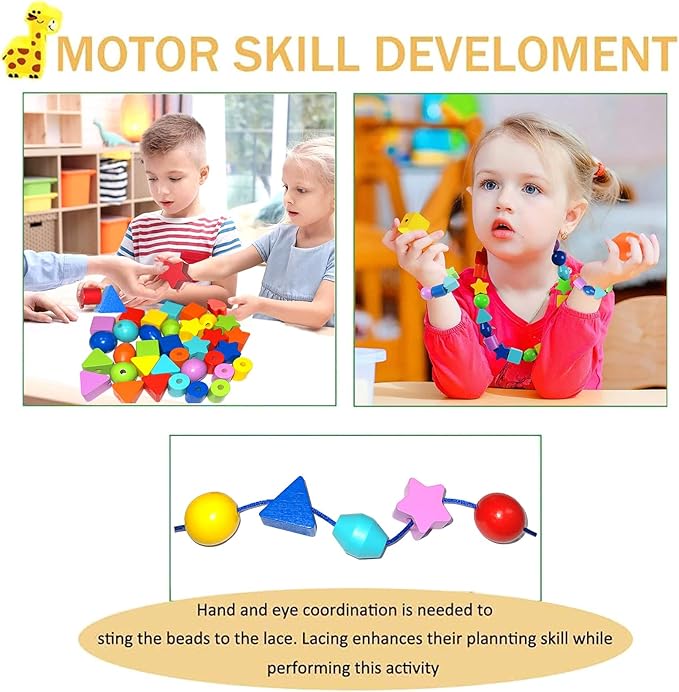 46PCS Montessori Lacing Toddler Beads Threading Toys for Toddlers Wooden Primary String Sewing Preschool Fine Motor Skills Educational Toy for 3 4 5 6Years Old Boys Girls