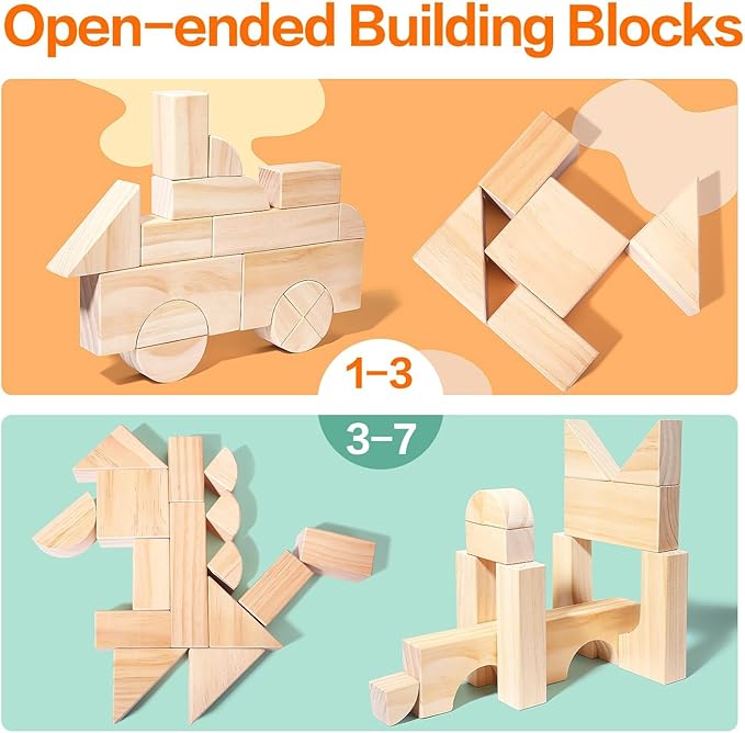 Large Wooden Building Blocks Set - Educational Preschool Learning Toys with Wooden Storage Box, Toddler Blocks Building and Stacking Toys for 3+ Year Old Boy and Girl Gifts