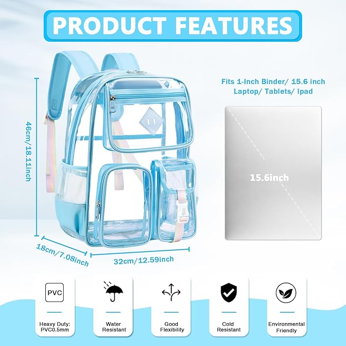 Clear Backpack for School,Heavy Duty PVC Transparent Bookbag for Girls Stadium Approved See Through Backpack