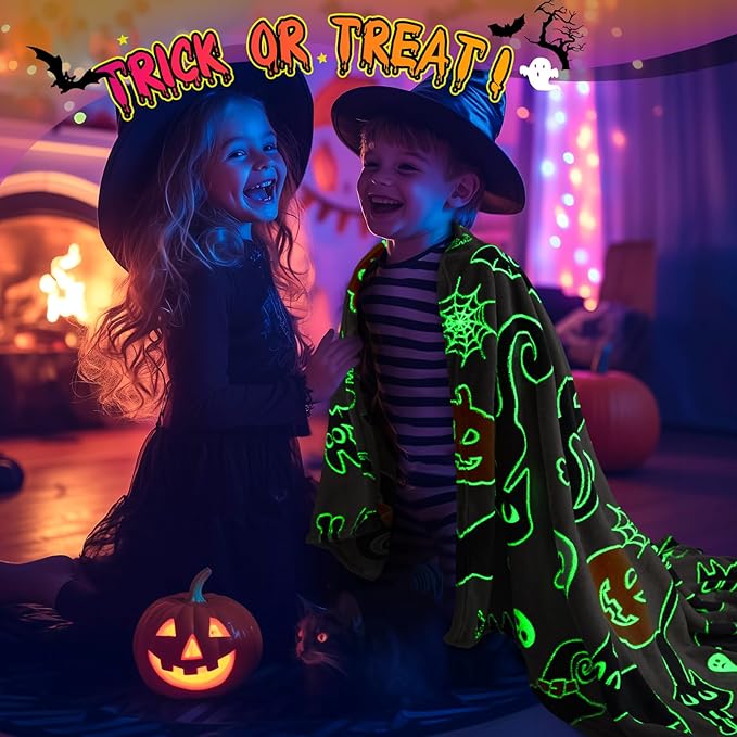 Halloween Glow in The Dark Blanket Gifts Toy for Boys Girls Daughter Son Glowing Black Cat Pumpkin Ghost Bat Witch Hat Spooky Soft Cozy Throw Party Favors Present for Kids Adult Sofa Bed Decor 50"x60"