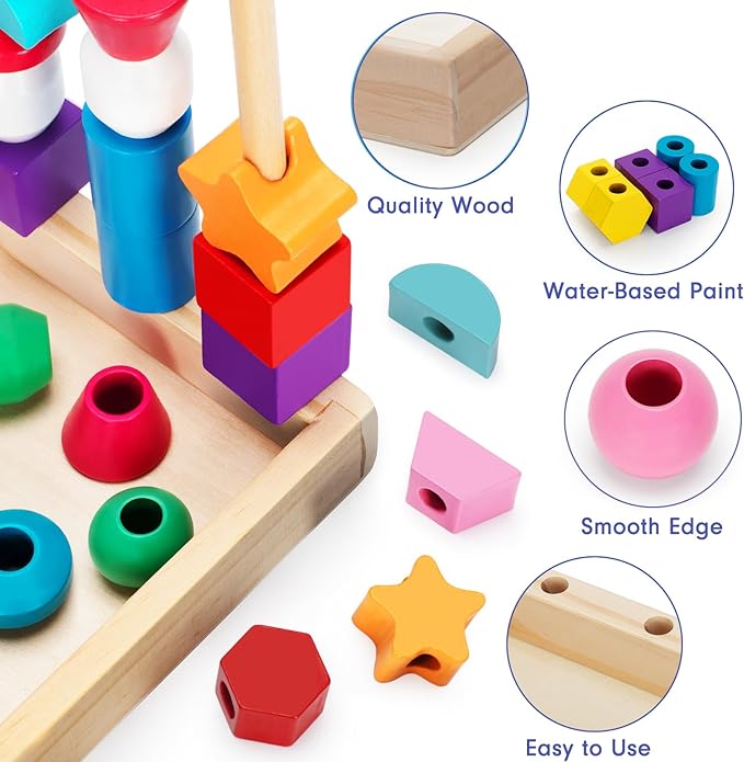 Montessori Wooden Lacing Beads Toys for 2 3 4 Year Old Toddler Kids, Sequencing & Stacking Block Toy with Storage Box, STEM Preschool Learning Toys, Christmas Birthday Gifts for Boys Girls
