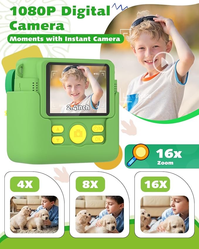 Kids Camera Instant Print, Dinosaur Toys for Boys 3 4 5 6 7 8 9 10 Years Old, 1080P Kids Digital Camera for Toddlers, Christmas Birthday Gifts for Boys Girls 3-12, 32GB SD Card, Green