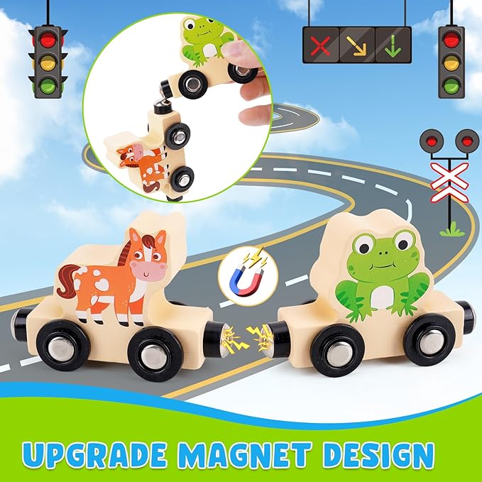 Montessori Wooden Train Toy for 1 2 3 Years Old Toddlers | 12 Magnetic Animals Train Kids Box, STEM Educational Toy with Game Map | 1st 2nd Birthday for Boys Girls