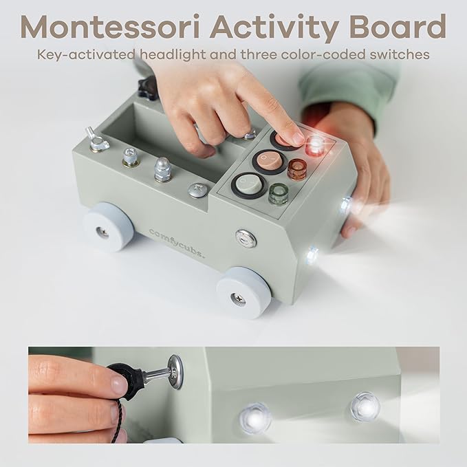 Comfy Cubs Busy Board Toy Truck Set - Fun & Noise-Free, Pine Wood Activity Board for Toddlers with LED Light Switch - Designed in The US, Focused & Engaging Montessori Play for Kids 3+ (Sage)