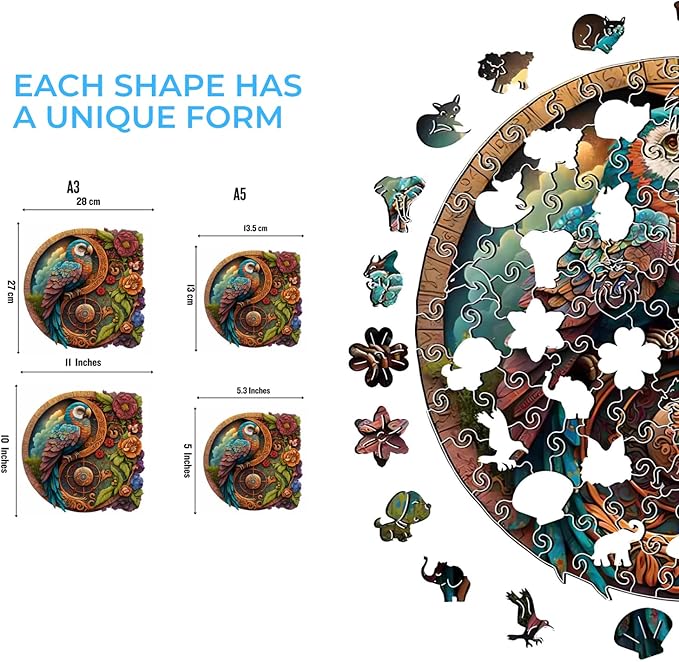 CRAFTHUB Animal Wooden Puzzles for Adults – A4 Parrot Yin Yang with 115 Pieces – Jigsaw Puzzles with Unique Animal Shapes – 7.7" x 7.7"