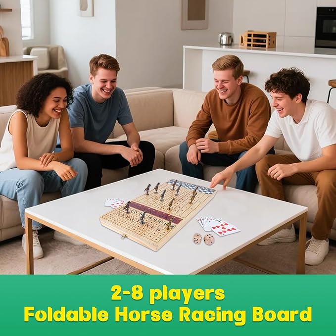 Large 23 inches Horse Race Board Game, Premium Durable Foldable Wooden Box, Horse Racing Game with 11 Retro Metal Horses, 2 Dices and 2 Playing Cards Fun Family Night Games for Adults Kids