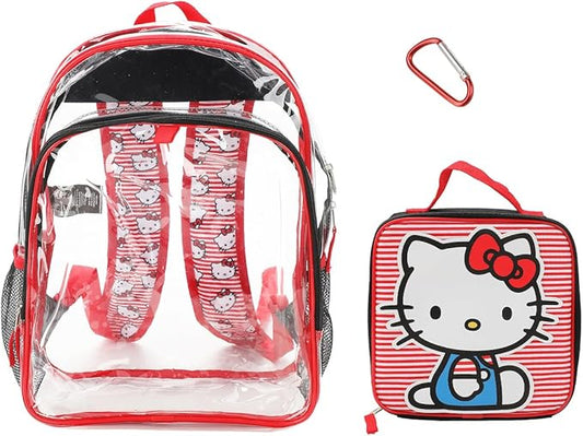 Bioworld Hello Kitty 16" 3-PC Clear Backpack and Lunch Kit Set with Lunch Bag and Carabiner