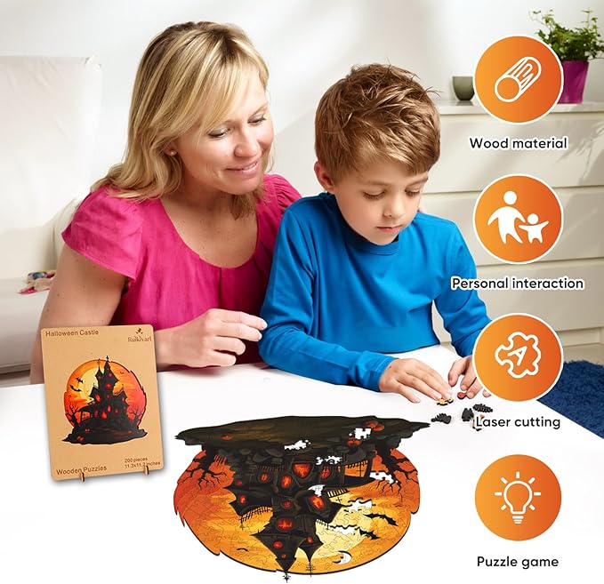 Ruikiyart Wooden Puzzles for Adults, 5MM 200 Pieces Halloween Castle Wooden Jigsaw Puzzles, Unique Shape Pieces Gift for Kids and Adults on Halloween (11.3"x11.2")
