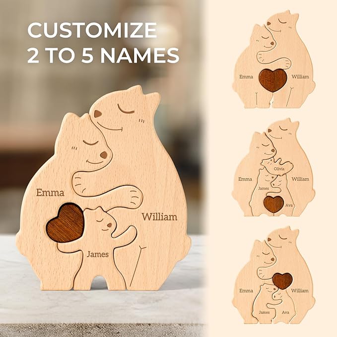 Wooden Bears Family Puzzle, Personalized Puzzles with 2–5 Names, Father's Day Mother's Day Birthday Personalized Gifts for Mom Dad Kids Teen Boys Girls Grandma Toddler
