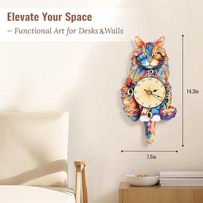 3D Puzzle for Adults - Wooden Cat Clock for Room Decoration, DIY Build Mechanical Wall Clock with Roman Numerals, Personalized Gift for DIY Lovers