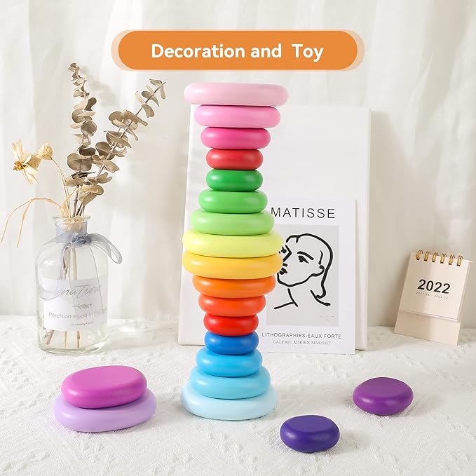 WODI Wooden Rainbow Stacking Stones 20Pcs Wood Sorting Balancing Rocks Blocks Montessori Educational Toys for Toddler Kids 3 Years Up Developing Skills