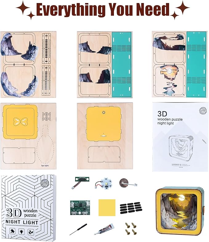 3D Puzzle Nightlight-DIY LED Light 3D Cave Wooden Puzzle-Art Lamp and Craft Kits for Kids and Adults-Birthday Gifts Toys-Home Desk Decor Family Game