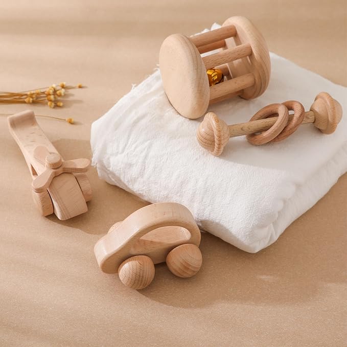 Wooden Baby Rattle Set - Montessori Grip Toy for Newborns, Natural Wood Gift Set of 3