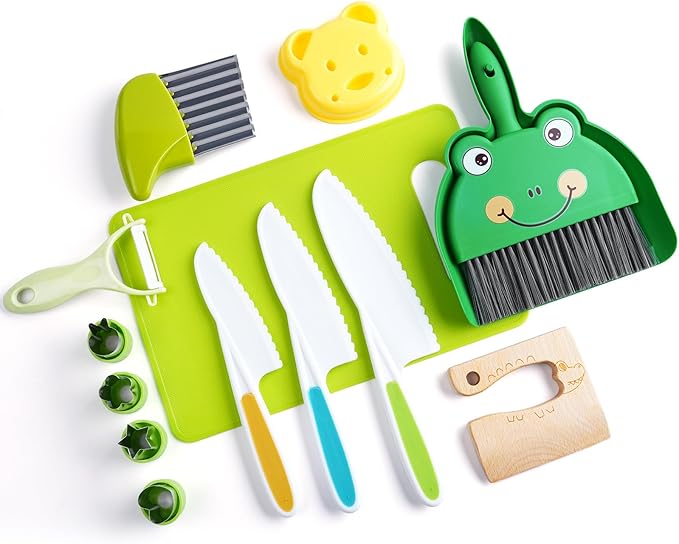 Montessori Kitchen Toys-14pcs Toddler Toys Kids Cooking Sets Real with Safe Knife Set Gift for 2-3-4-5-6-7-8 Years Old