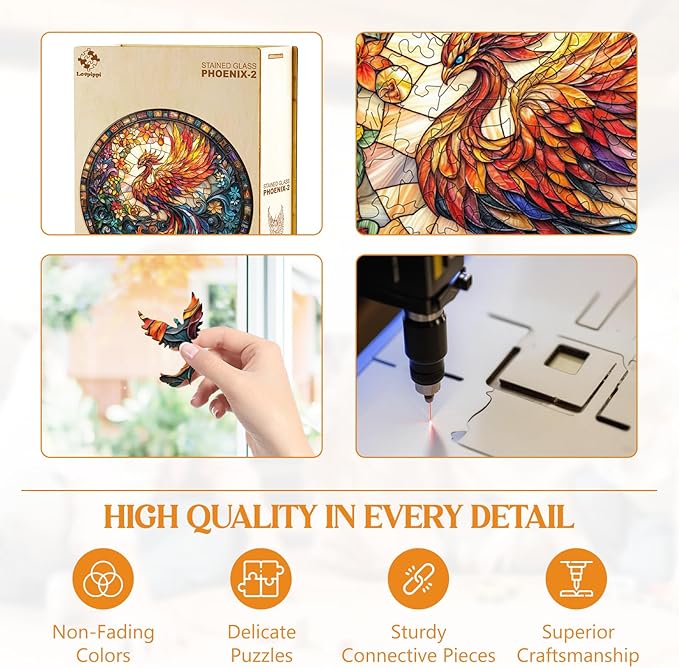 Wooden Puzzles for Adults, Stained Glass Phoenix-2 Unique Shaped Wood Puzzles Adult, Wooden Jigsaw Puzzles for Adults Kids, Creative Birthday Gifts for Friends Family Game (11.4 * 11.4in 200pcs)