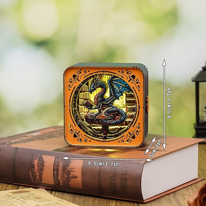 3D Puzzle Nightlight-DIY LED Light 3D Dragon Library Wooden Jigsaw Puzzle-Art Lamp and Craft Kits for Adults-Birthday Gifts Toys-Home Desk Decor Family Game