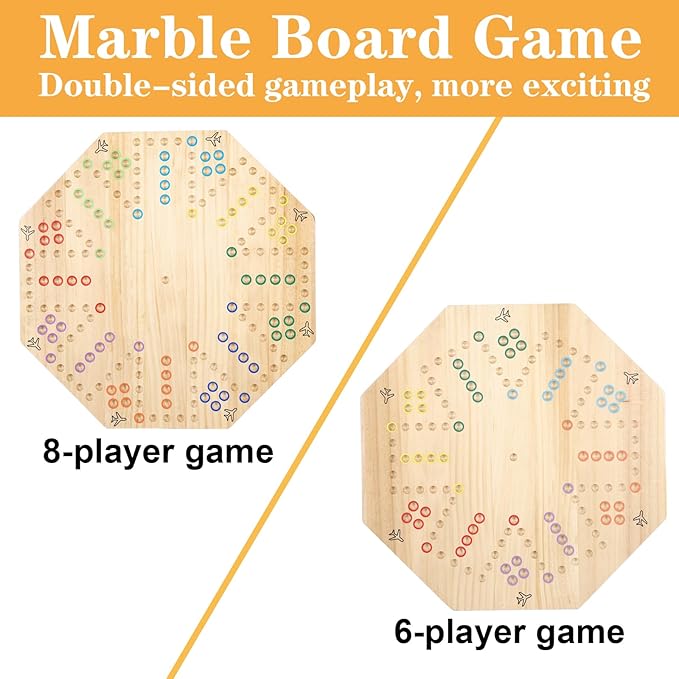 HOROW Wahoo Board Game Wooden Original Board Game Classic 2 Side Painted Fast Track Game for 6 Player and 8 Player with 32 Marbles,8 Dices for Family Game Night(8-Player,Log)