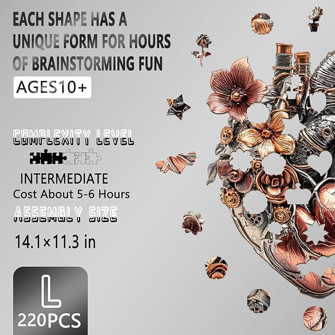 Wooden Puzzles for Adults, Mechanical Heart Wooden Jigsaw Puzzle, Unique Shaped Wood Puzzles Adult, Fun Gifts for Mother's Day, Heart Puzzle Home Decor (L-14.1 * 11.3in 220 Pieces)