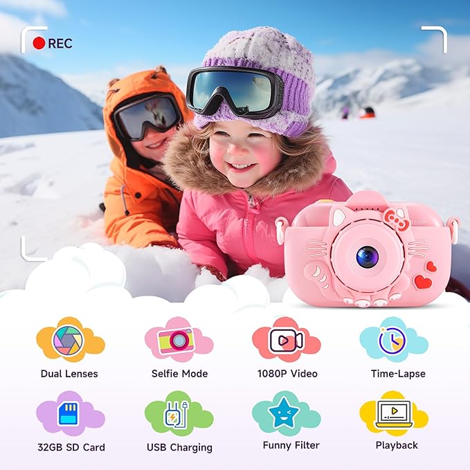 Kids Camera Digital Camera for Girls Age 3-8, 1080P Toddler Camera for Kids with 32GB SD Card, Toddler Girls Toys Age 6-8