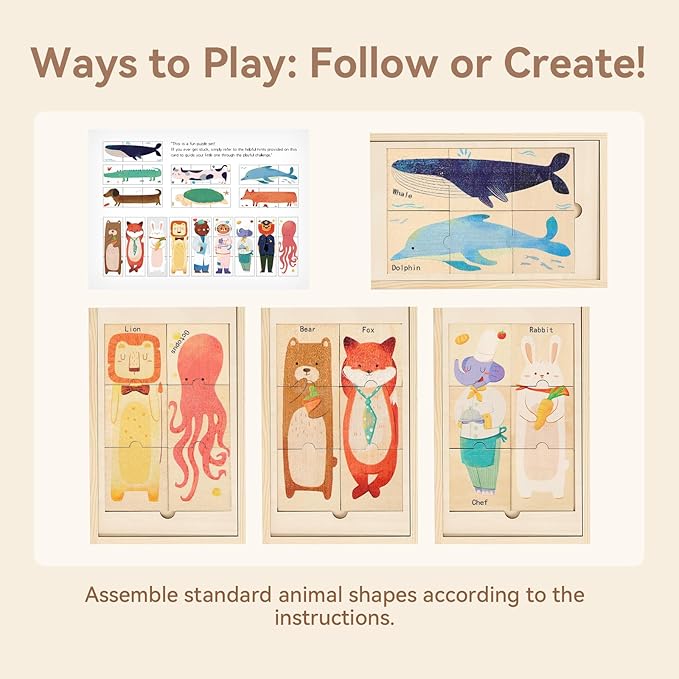 Wooden Animal & Career Jigsaw Puzzle for Toddlers Ages 3-5: Colorful Montessori Matching Puzzle with Chunky Pieces, Developing Fine Motor Skills & Cognitive Awareness