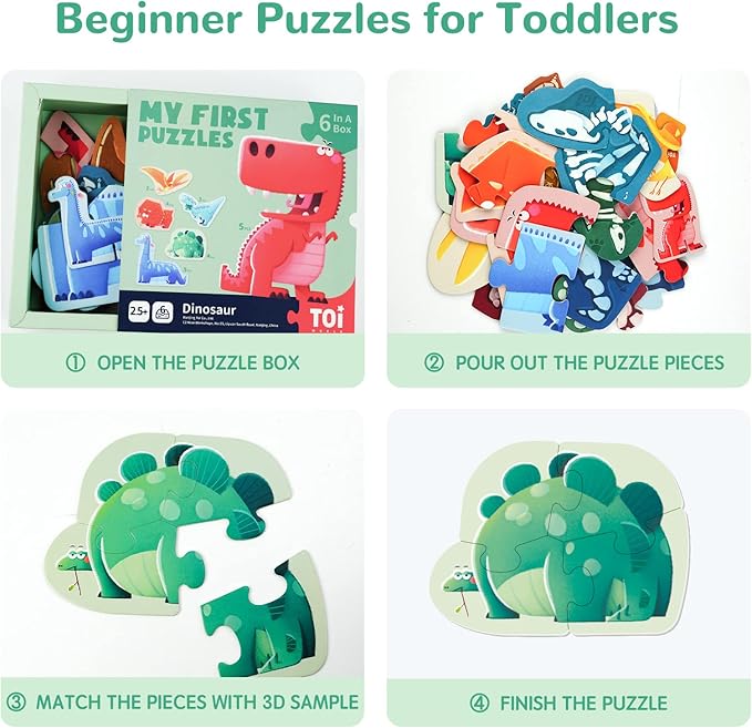 Toi 6 Packs Large Piece Toddler Jigsaw Puzzles for Kids Aged 2.5+, Animal Shaped Floor Puzzles for Beginner, Preschool Learning Game for Boys Girls, Dinosaur