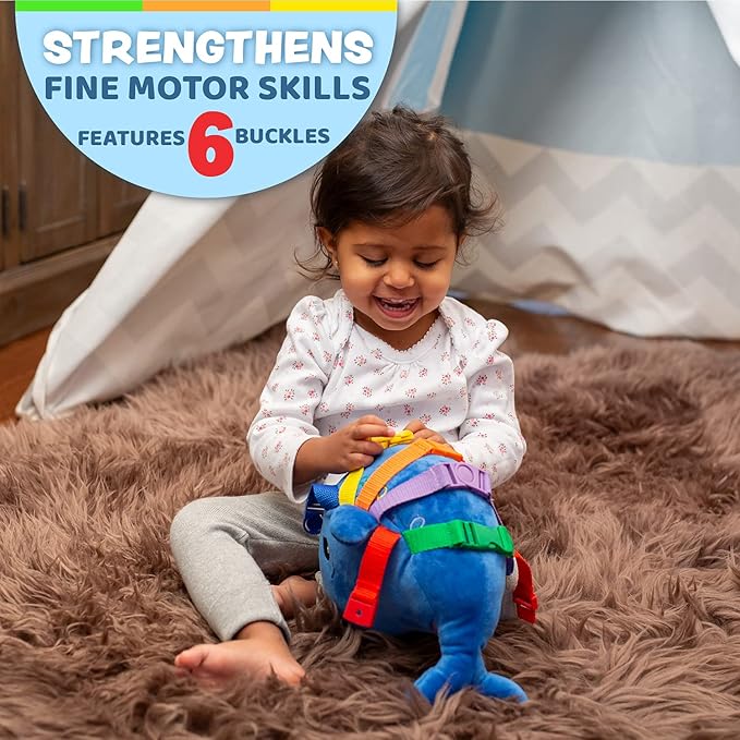 Buckle Toys Blu Whale Stuffed Animal Montessori Toys for Toddlers 1-3, Learning Activity Toy & Sensory Toys to Develop Fine Motor Skills and Problem Solving, Classroom and Toddler Travel Essential