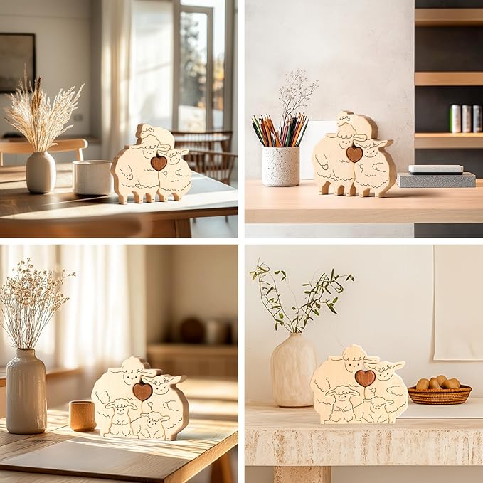 Wooden Sheep Family Puzzle Games, Personalized 3 Name Puzzle for Home Crafts Decor, House Warming Birthday Party Gifts for Mom Dad Grandma Kids New Baby, Wooden Bear Family