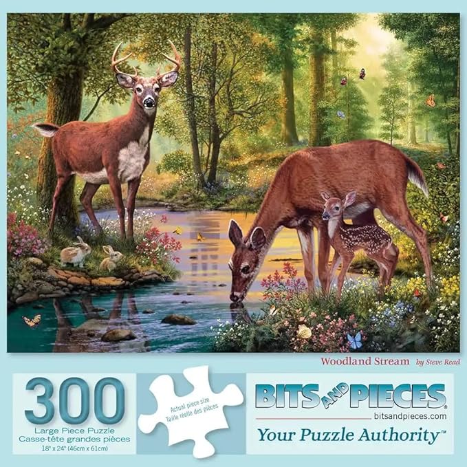 Bits and Pieces Woodland Stream Jigsaw Puzzle by Steve Read — Available in 50/100/200/300/500/1000 pcs — 15"×19", 18"×24", 20"×27" — Random Die-Cut, Nature/Deer/Stream Art (300 Piece Puzzle)