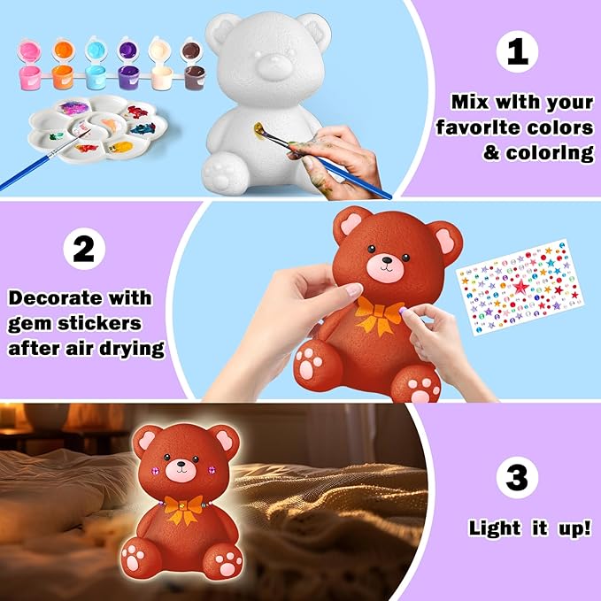 FUNZBO Paint Your Own Bear Lamp Kit - Easter Basket Stuffers Gift, Arts and Crafts Supplies Painting Kits for Kids Teens, DIY Night Light Toy for Toddlers Girls Boys Ages 3 4 5 6 7 8 9 10 11 12 13 +