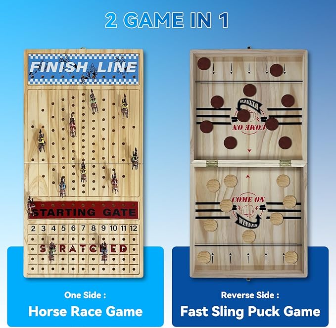 Large 23 inches Horse Racing Board Game with 11 Luxury Metal Numbered Horses, Foldable Wood Horse Race Board Game with 2 Sets of Dice, 2 Boxes of Cards, 80pc Poker Chips for Parties and Gambling