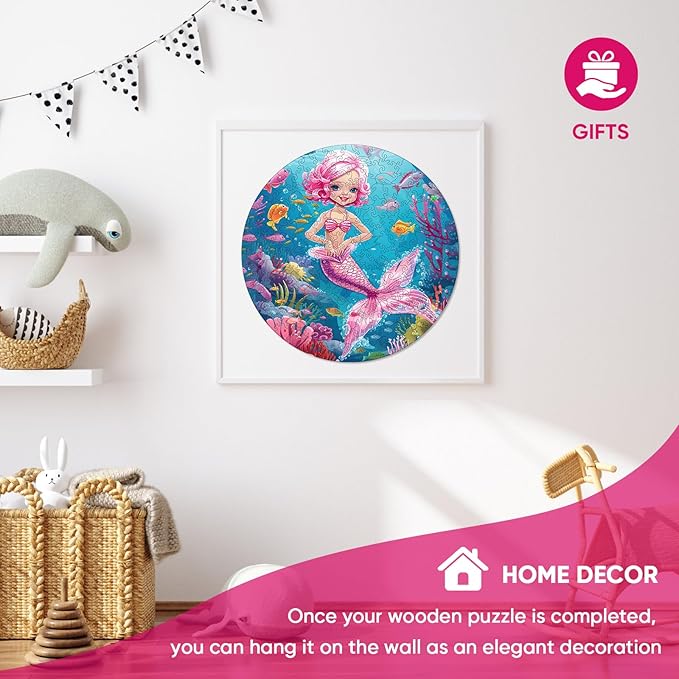 delobil Wooden Puzzles for Adults, Mermaid Jigsaw Puzzles 200 Pieces, Unique Shape Puzzles with Wooden Box, 11.2 x 11.2 Inches Medium Size Family Game Gift, Fun Challenging Puzzles for Adults and Kids