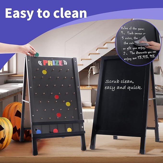 Prize Drop Game Board, 15.7"X27.5" Double-Sided Foldable Design with Wooden A-Frame Chalkboard Sign for Family, Carnival, Trade Show & Party-Includes 10 Coin Drop Discs and Chalk Set, Portable Design